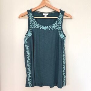J Jill Embroidered Slub Knit Tank Top Teal Blue Petite Medium Cotton Modal